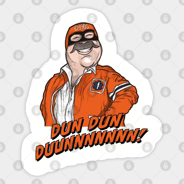 Captain Chaos Dun Dun Duunnnnnn! Sticker by funkymonkeytees